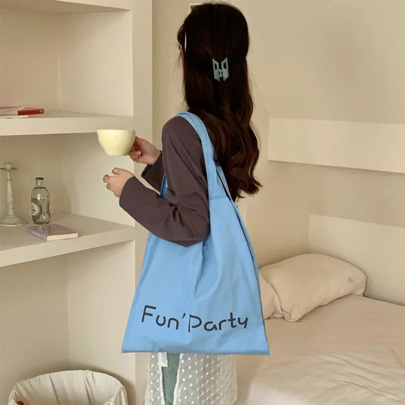 Korean Letter Print Canvas Tote Bag – Large Capacity Cream