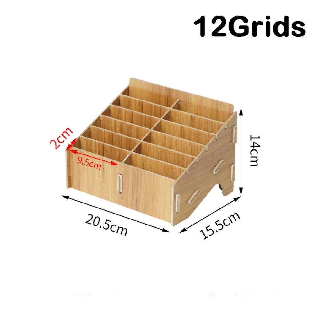 Wooden Multi-Grid Phone & Card Holder Desk Organizer Rack