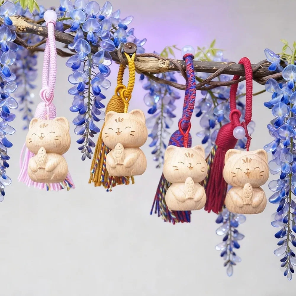 Hand Carved Wooden Cat Keychain with Tassel | Lucky Cat