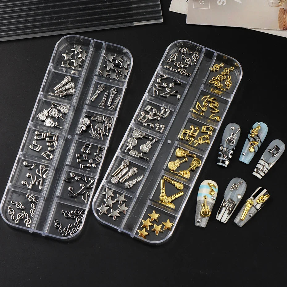 Punk Music Nail Art Charms Set – 12 Grid Guitar & Notes Decor