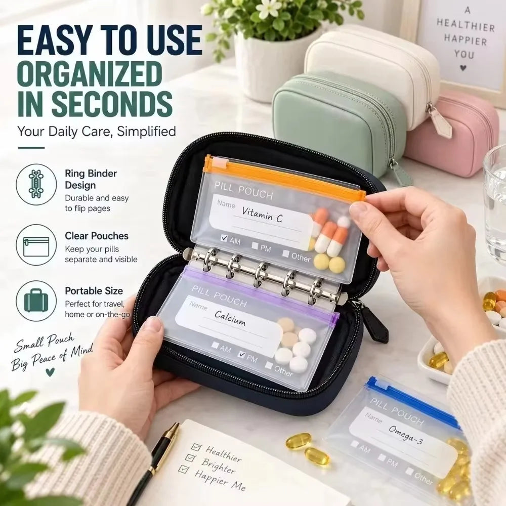 Compact Pill Organizer – 14 Zipper Pouches & Binder Case