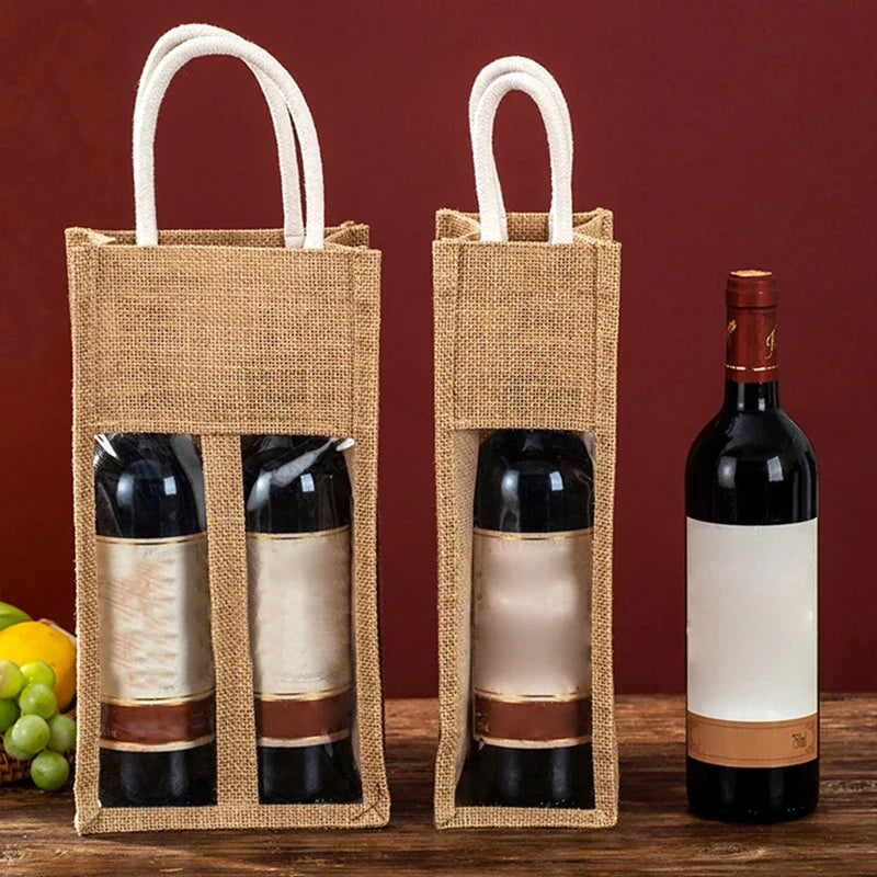 Linen Wine Gift Bag with Window & Handle – Single or Double Bottle