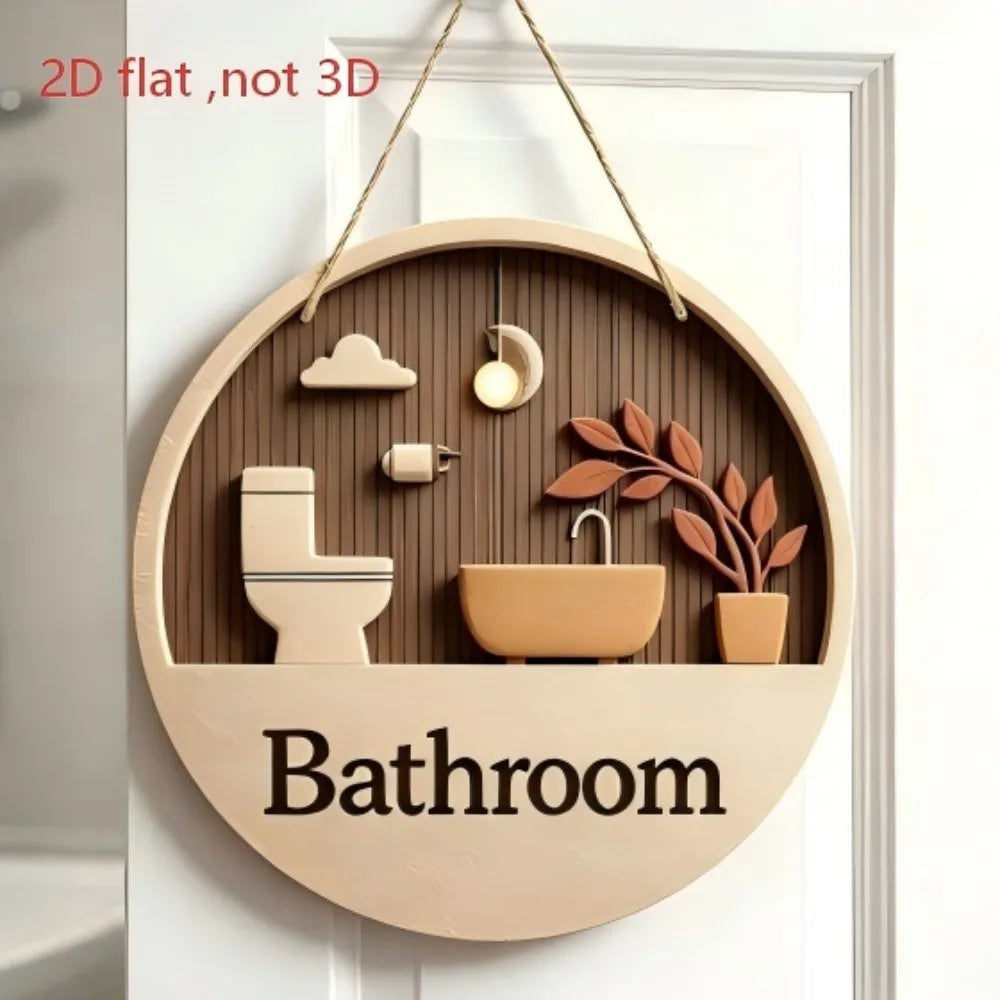 Wooden Hanging Bathroom Sign Round Farmhouse Wall Décor