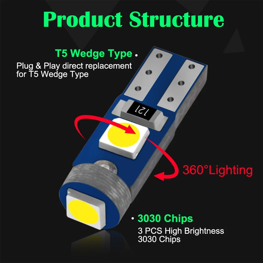 10-Pack 12V T5 LED Dashboard Instrument Cluster Bulbs