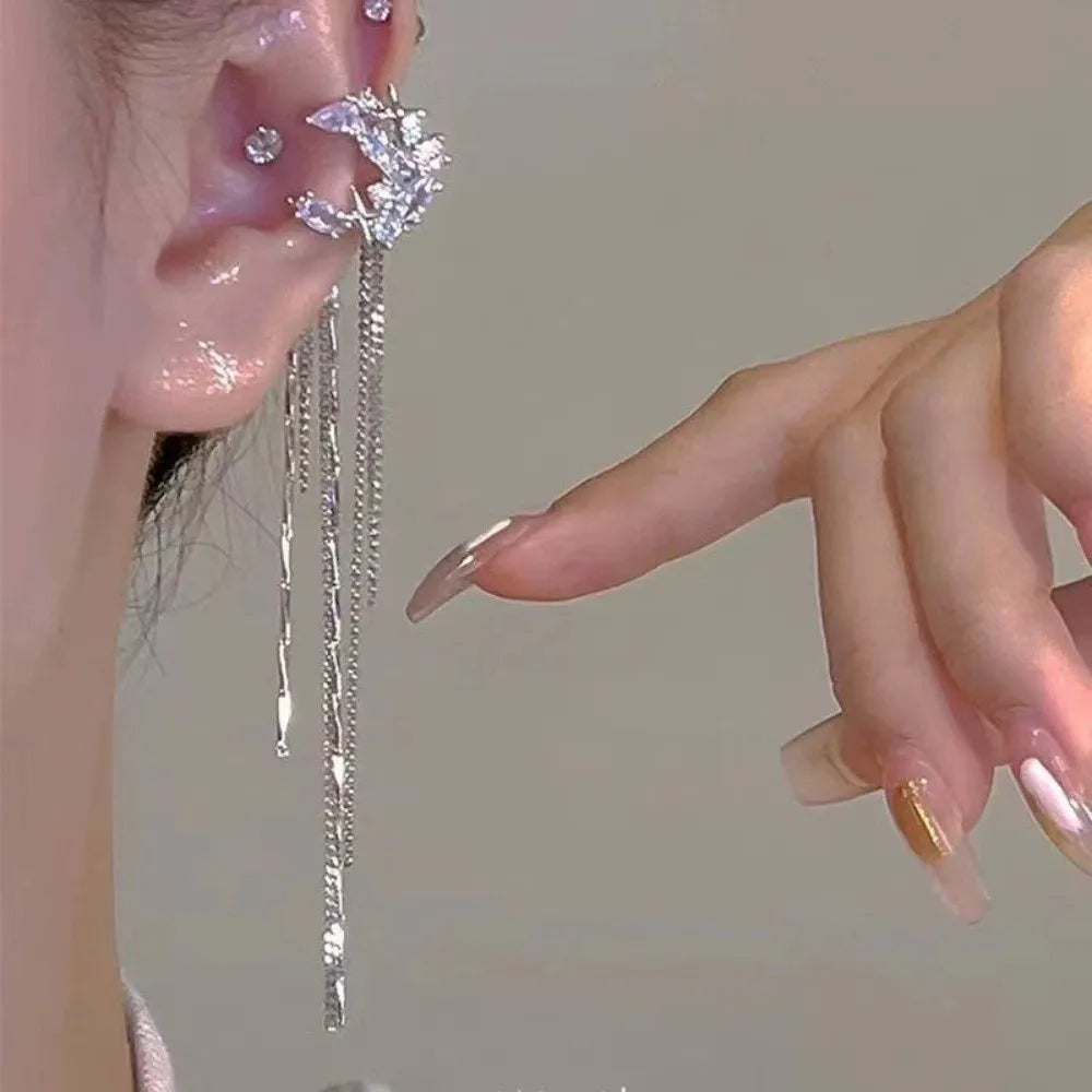 Zircon Long Tassel Clip-On Ear Cuffs – No Piercing Earrings