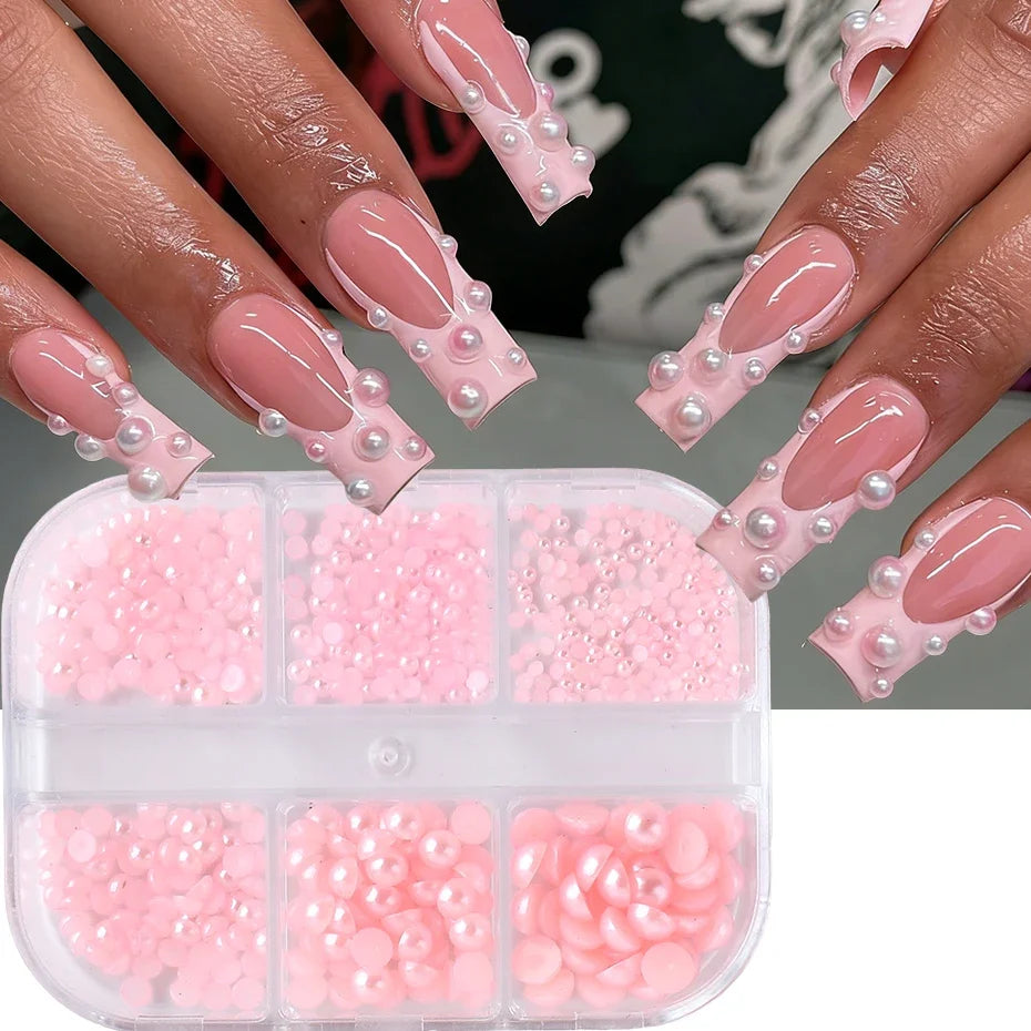 Pink Nail Pearl Beads – 6-Grid Flat Semicircle Rhinestone Gems