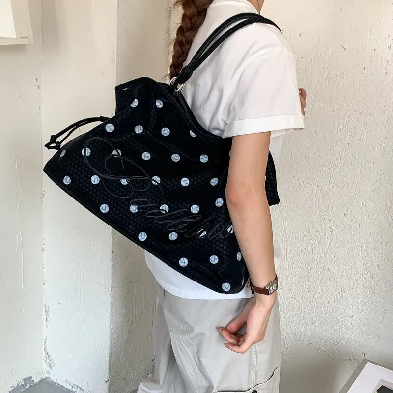 Korean Polka Dot Woven Tote Bag – Large Shoulder Handbag