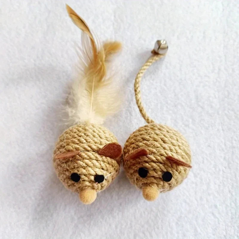 Rhinestone Feather Mouse Cat Toy – Hemp Rope & Glass Bell