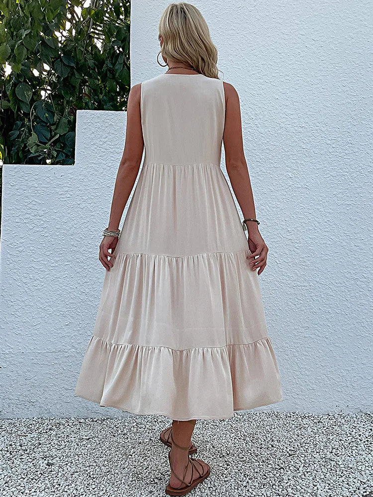 Women's Sleeveless V-Neck Ruffle Midi Sundress | SAILASIDIYA