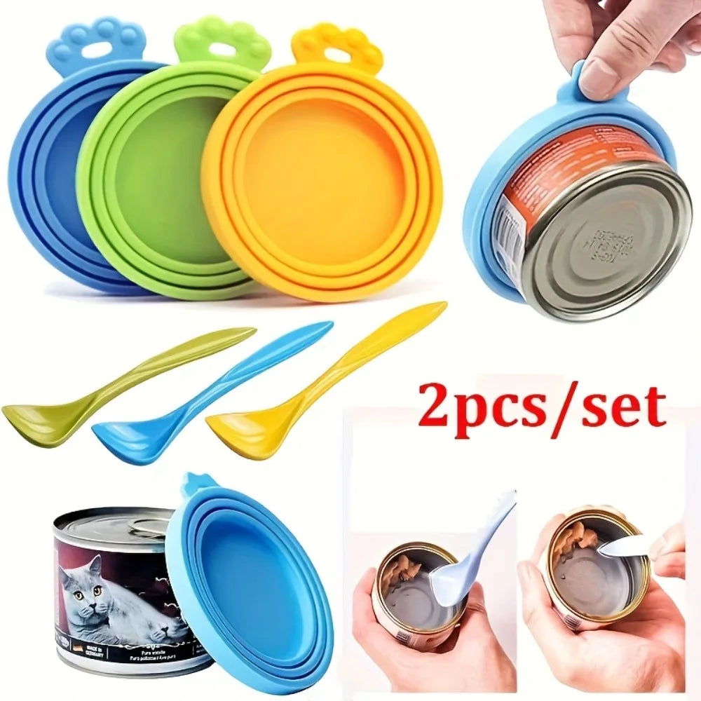 Silicone Pet Food Can Covers with Spoon – 2pc Reusable Set