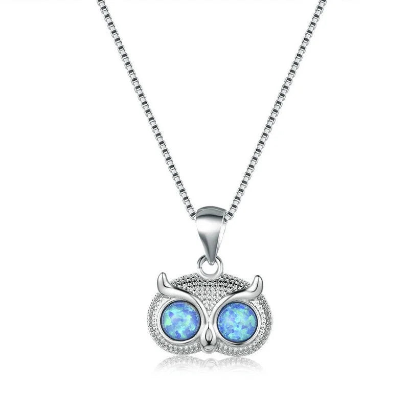 Women's Silver Blue Simulated Opal Owl Pendant Necklace