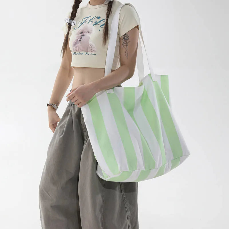 Women's Striped Canvas Tote Bag – Large Shoulder Handbag