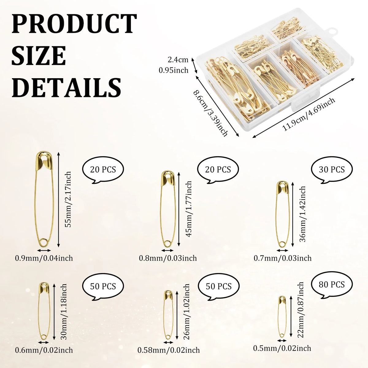 250Pcs Assorted Safety Pins Set – 6 Sizes, Rust Resistant