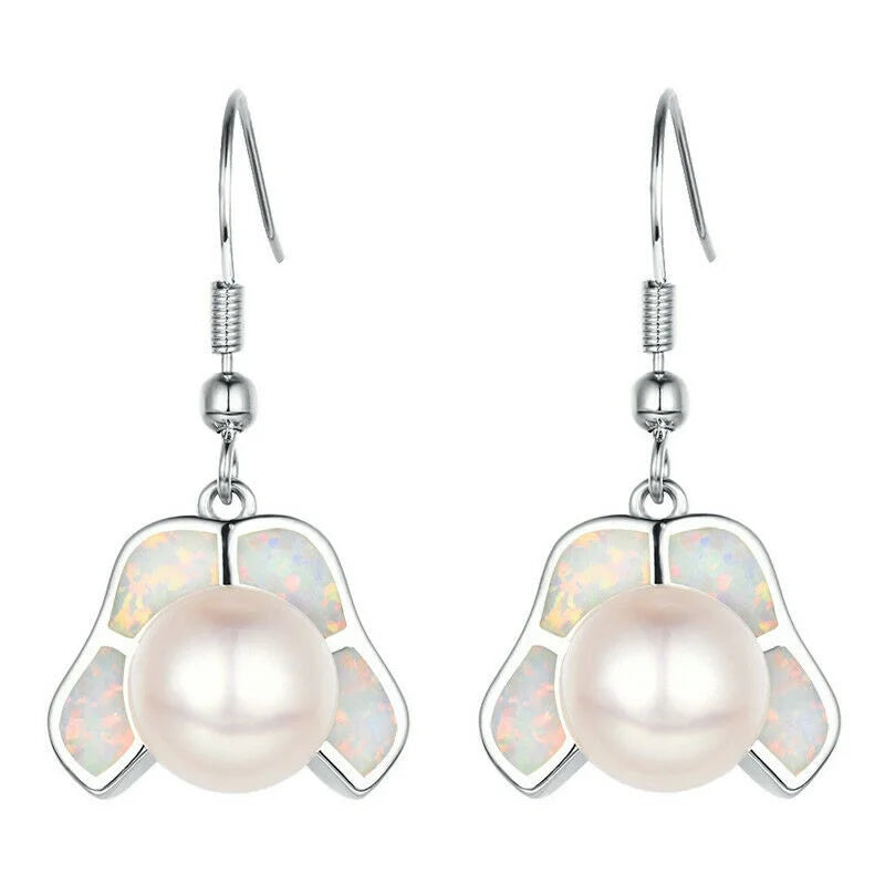 White Pearl Simulated Opal Silver Dangle Drop Earrings