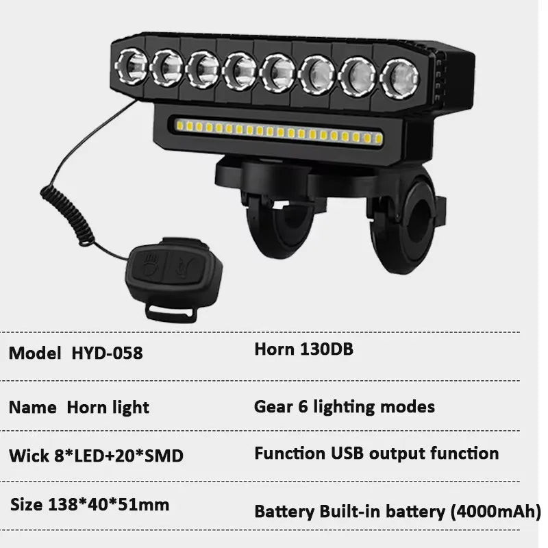 LED Bike Headlight 130dB Bell & Power Bank – 6 Light Modes