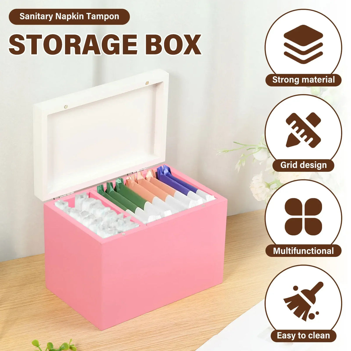 Wooden Tampon & Pad Organizer Box – 2-Compartment Hinged Lid