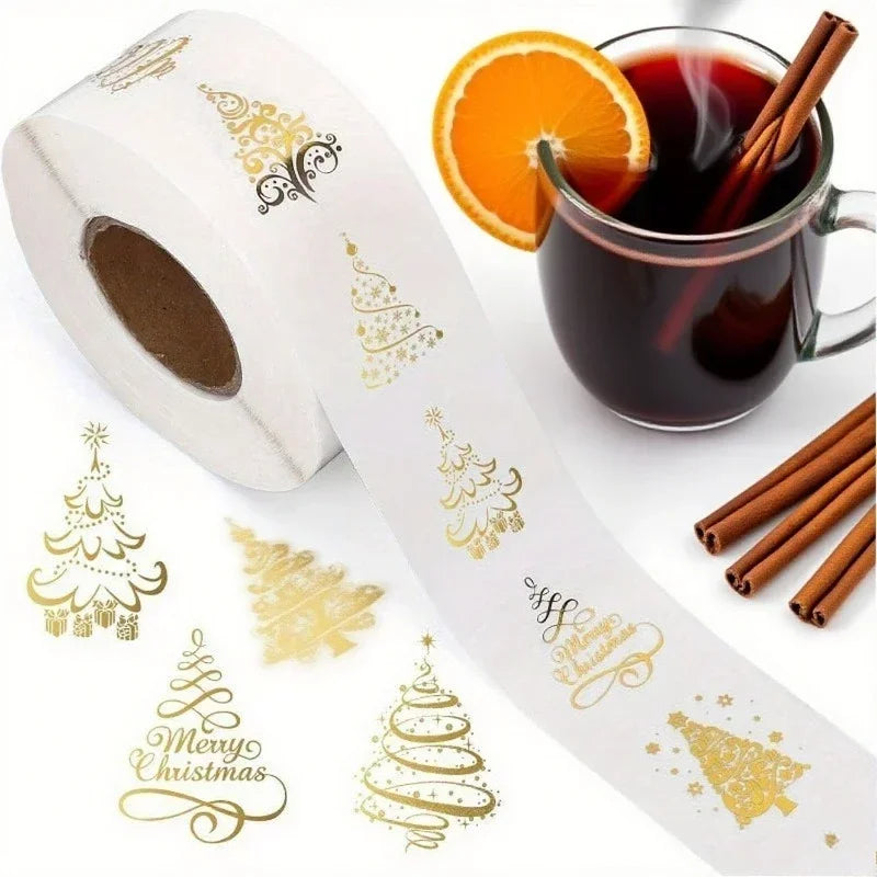 500pcs Gold Foil Christmas Tree Stickers – Clear Vinyl Decals