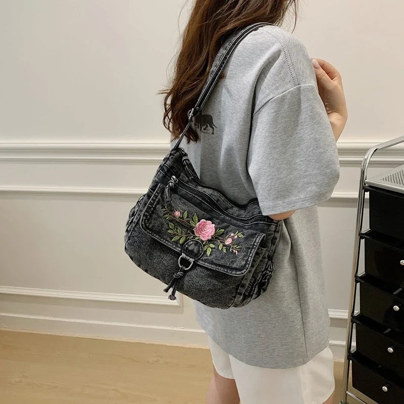 Embroidered Denim Crossbody Bag | Multi-Layer Shoulder Bag