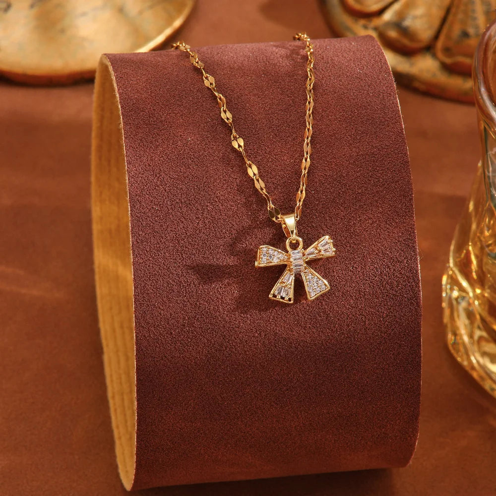 Zircon Bowknot Pendant Necklace | Gold Stainless Steel Chain