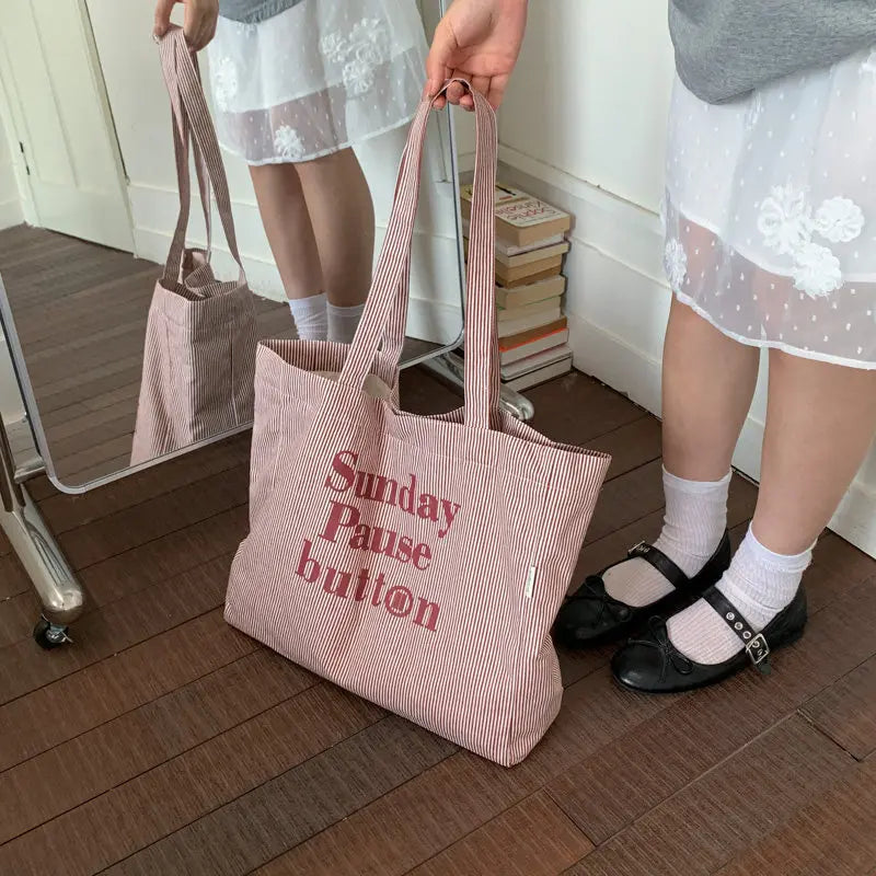 Korean Striped Canvas Tote Bag – Large Capacity Women's Bag