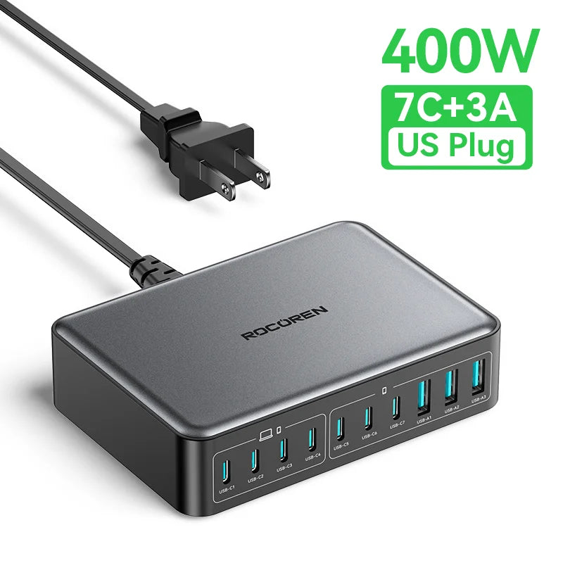 Rocoren 400W GaN Charger 10-Port USB-C Desktop Power Station
