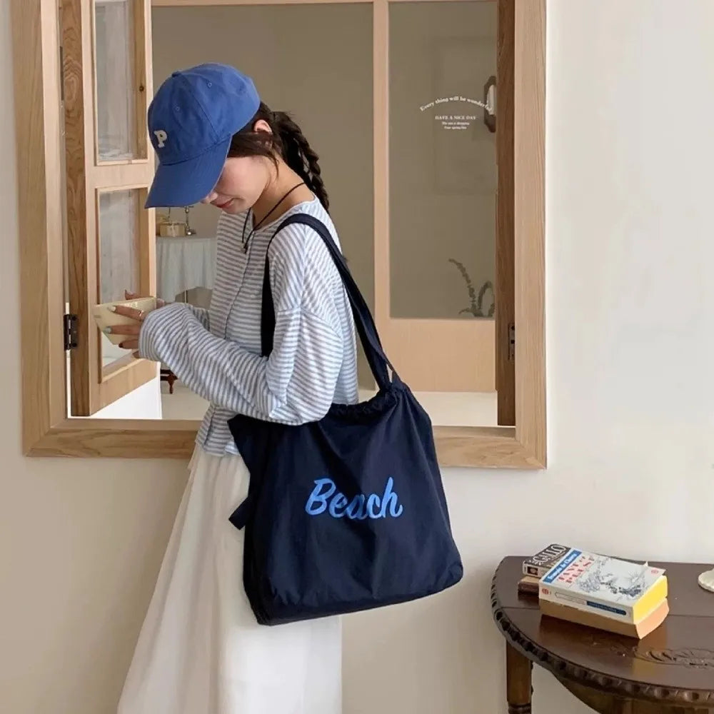 Women's Large Canvas Tote Bag – Letter Print Shoulder Handbag