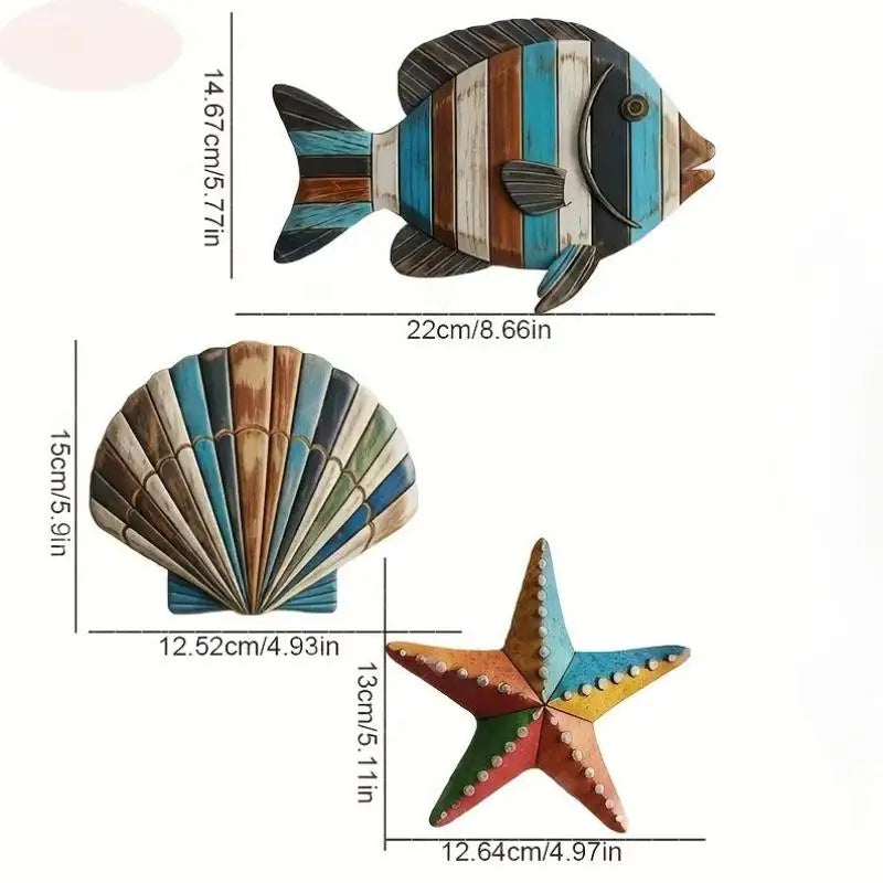 3-Piece Ocean Wooden Wall Art – Fish Shells Starfish Décor Set