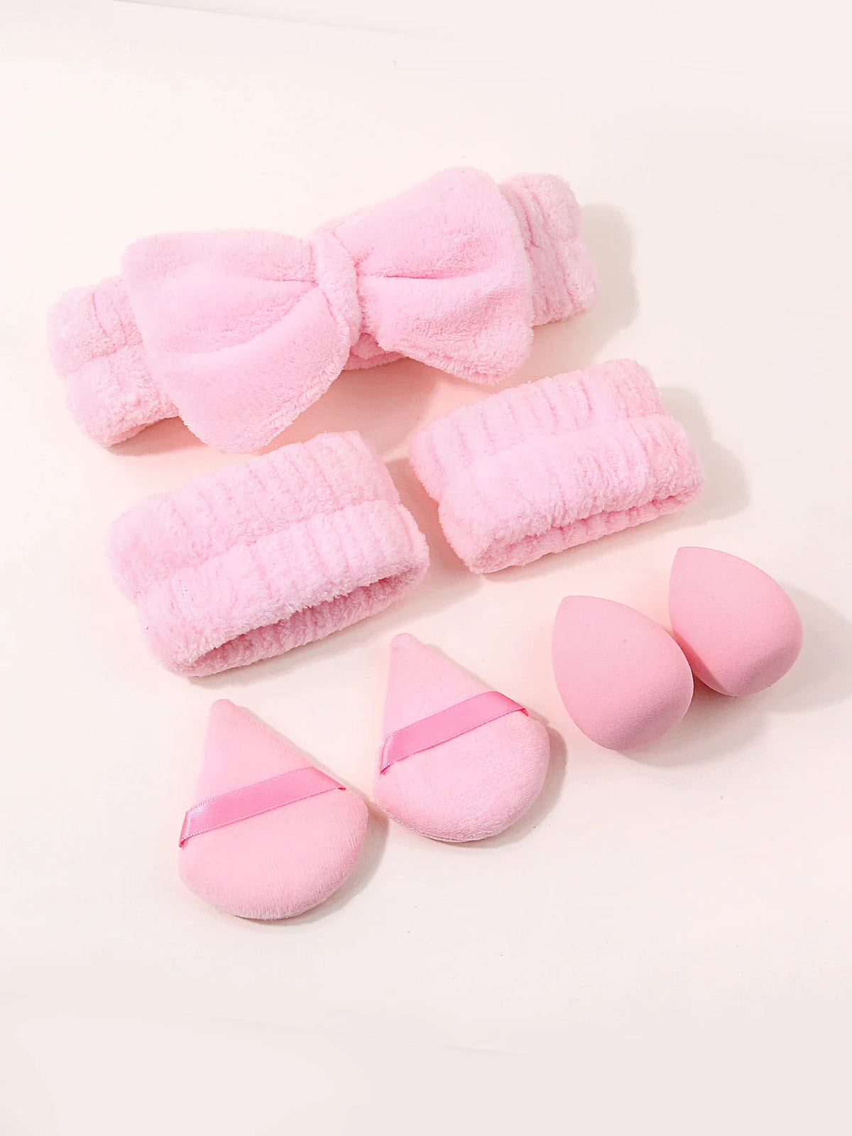 7-Piece Makeup Tool Set – Puffs, Spa Headband & Wristbands