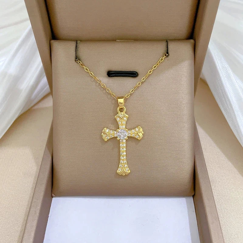 Women's Gold Cross Pendant Necklace – Stainless Steel Choker