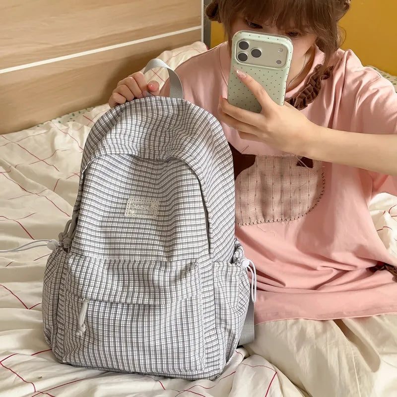Japanese Plaid Canvas Backpack – Large Capacity Student Bag
