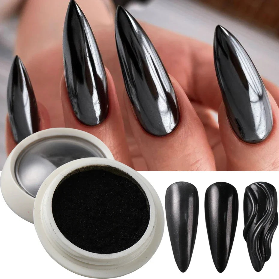Black Chrome Mirror Nail Powder – Metallic Glitter Pigment