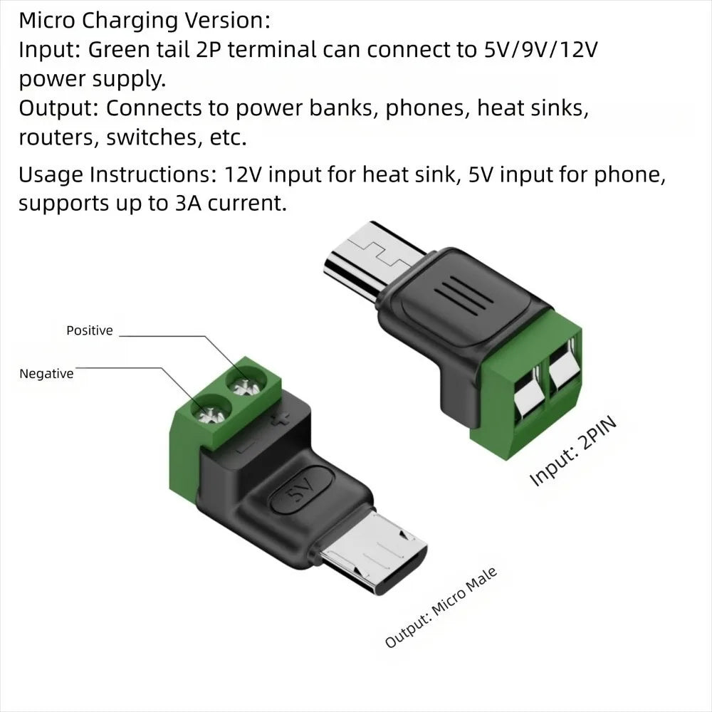 Solderless USB-C to 2-Pin Crimp Terminal Block Adapter 5V