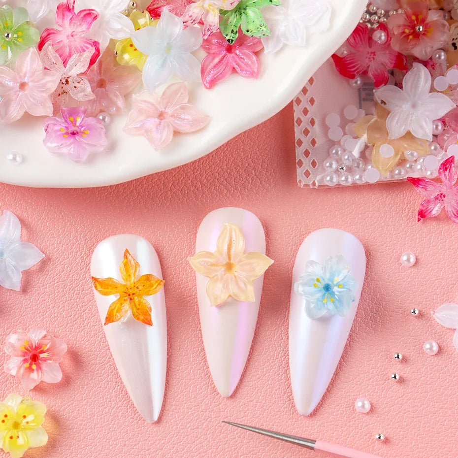 Resin Flower Nail Charms Camellia Sakura Pearl – 30/50pc Set