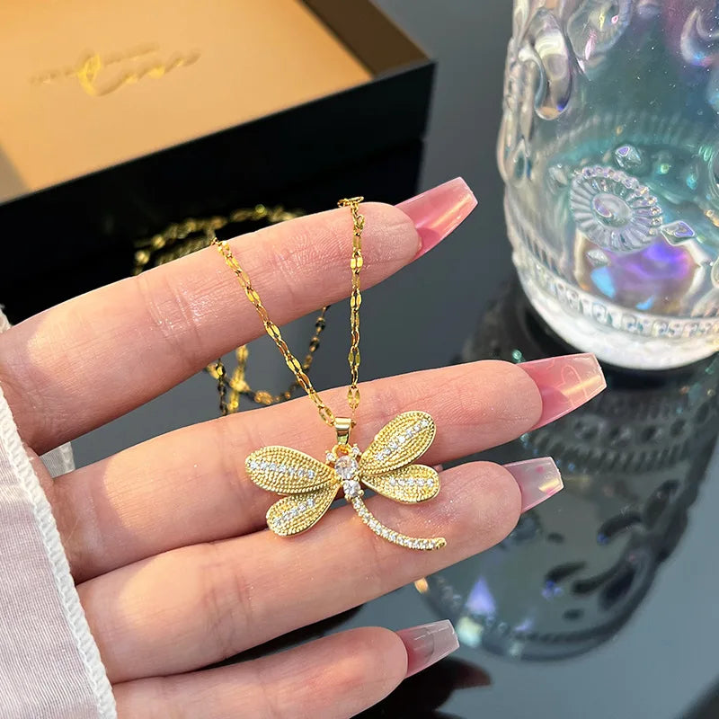Zircon Dragonfly Pendant Necklace Gold Plated for Women
