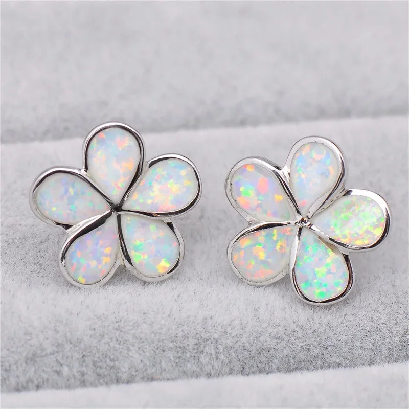 Red Simulated Opal Floral Stud Earrings – Silver Plated Women's