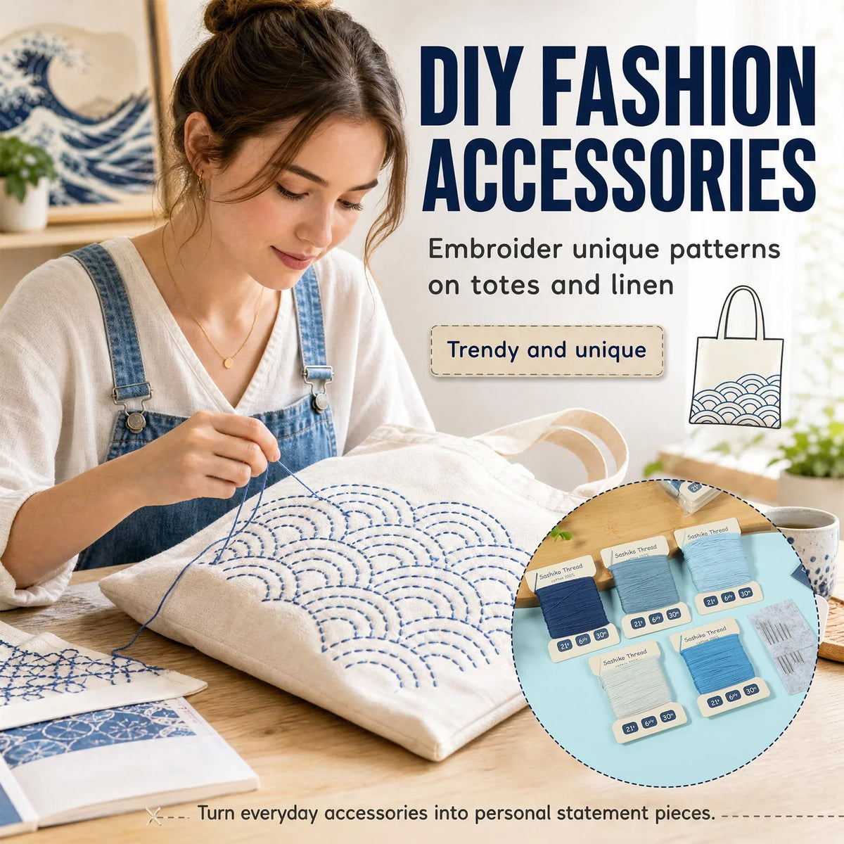 Sashiko Thread & Needle Kit – 300m Pure Cotton Embroidery Set