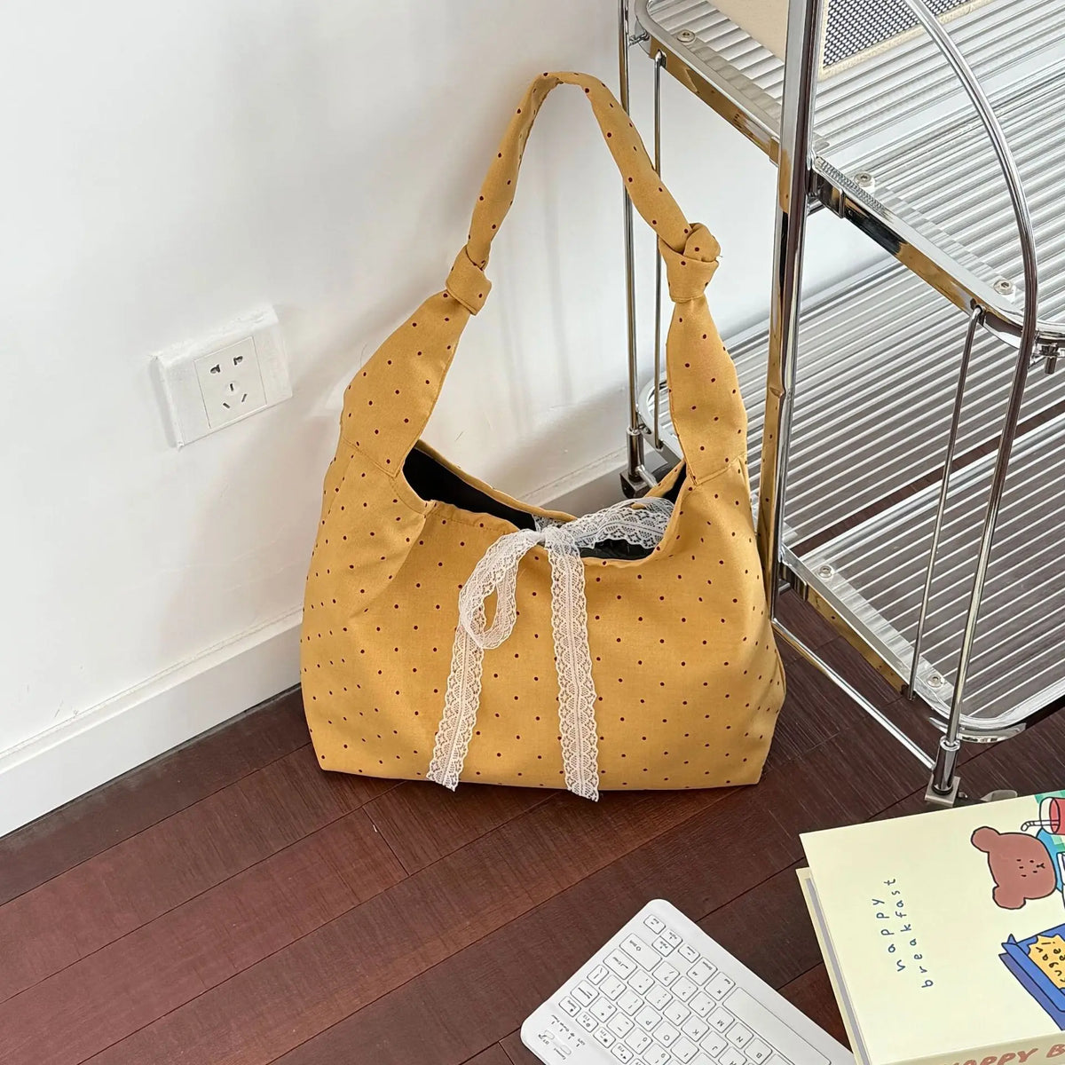 Women's Large Canvas Tote Bag – Polka Dot Shoulder Bag