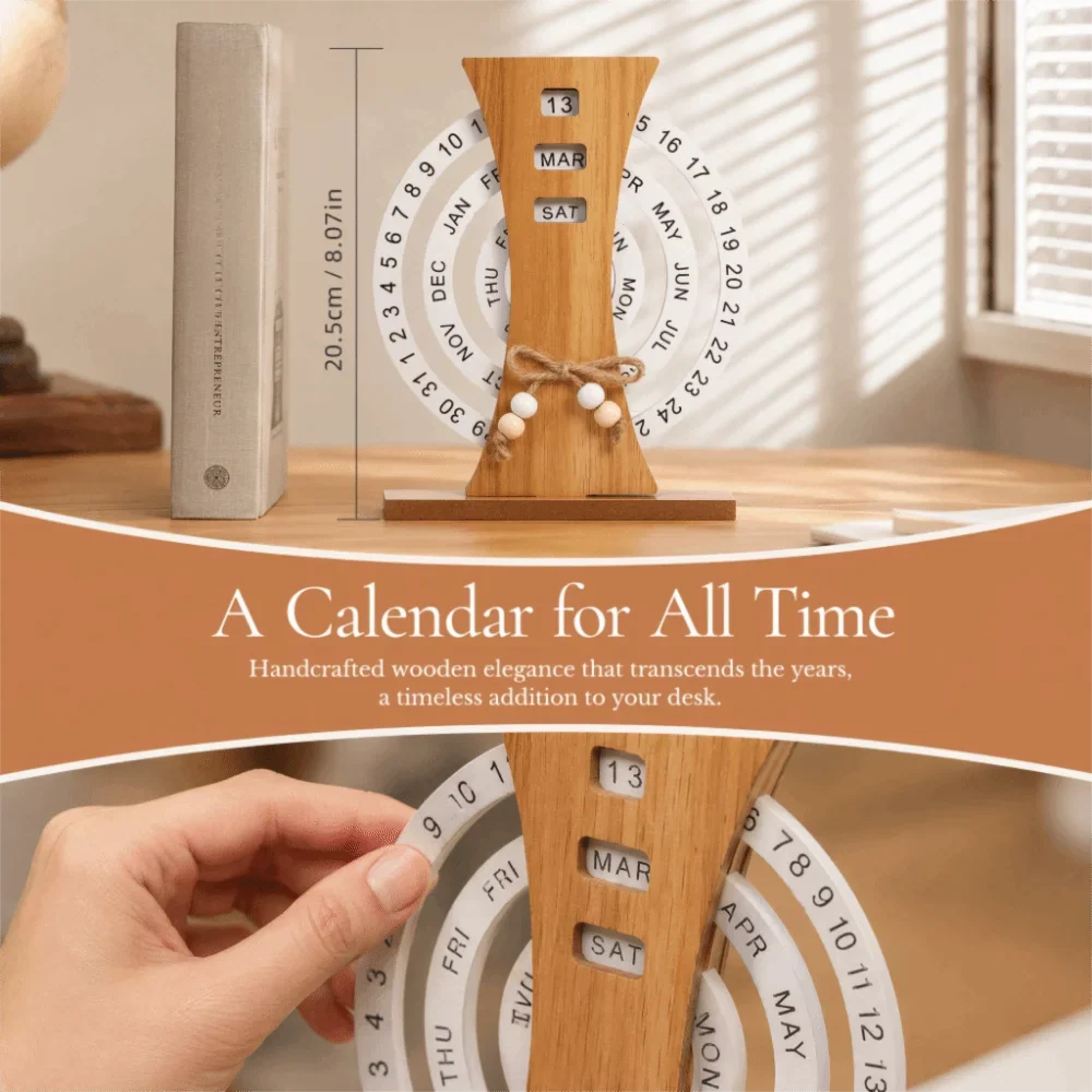 Wooden Perpetual Desk Calendar – Rotatable 3-Disc Date Keeper