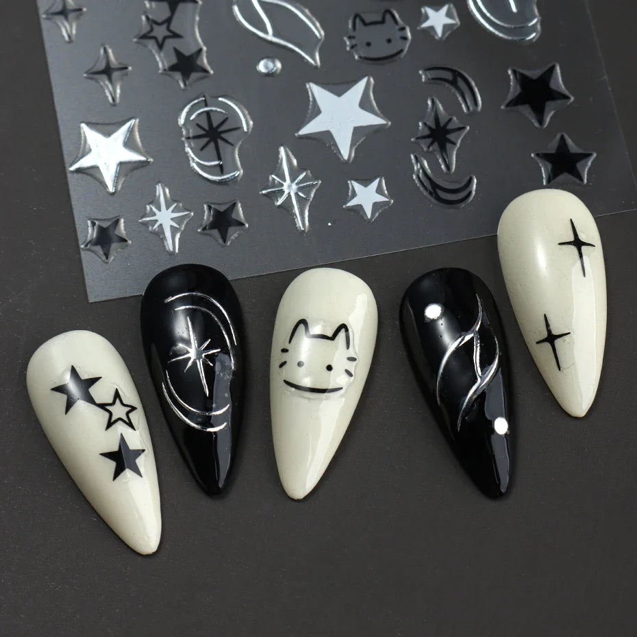 Y2K Cat & Dog Nail Art Stickers | Black Silver Decals 2 Sheets