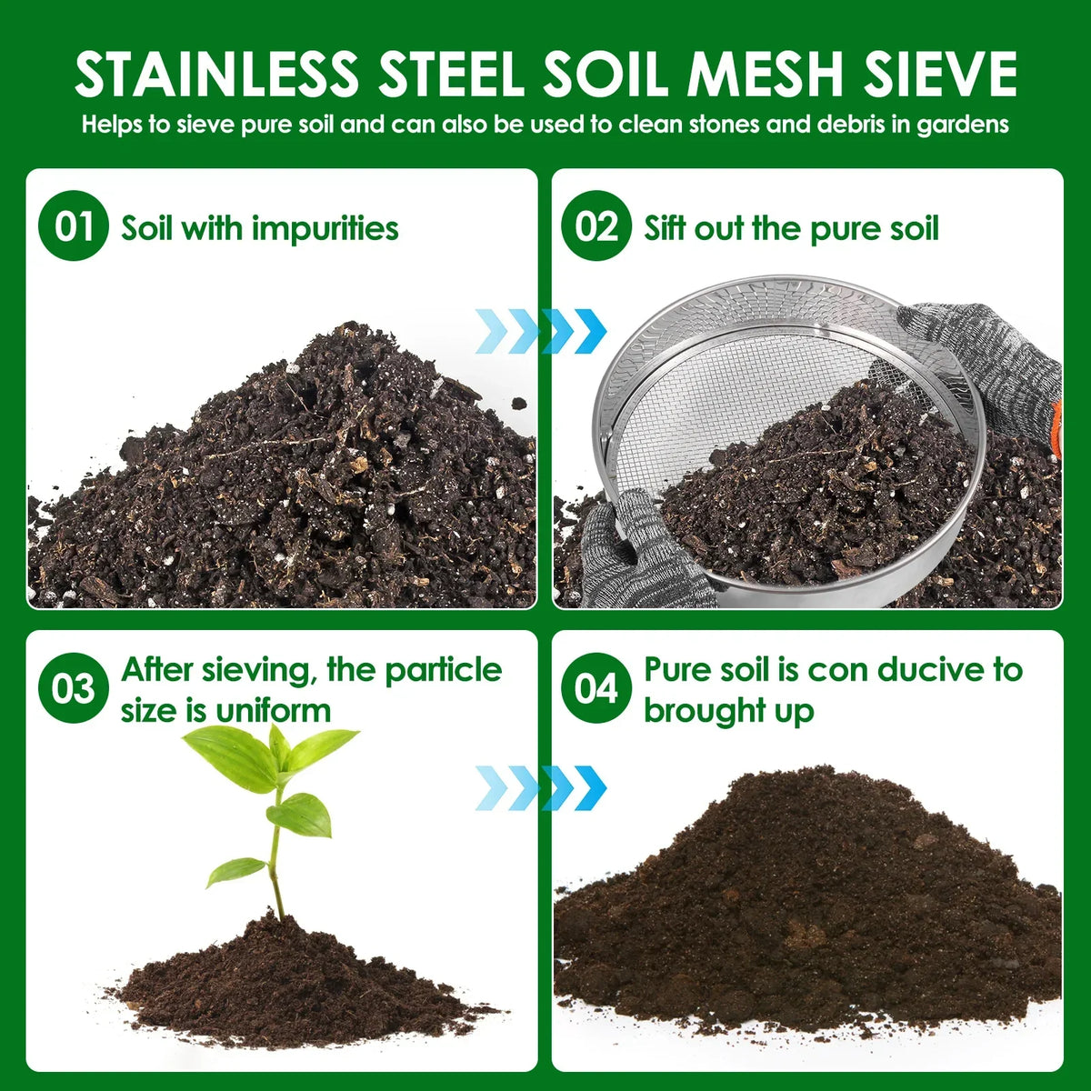 Stainless Steel Soil Sieve Set – 3/6/9mm Compost Sifter Kit