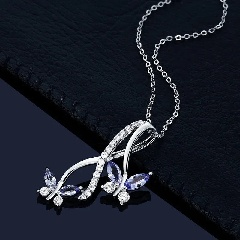 Women's Zircon Butterfly Pendant Necklace | Silver Blue Red Green
