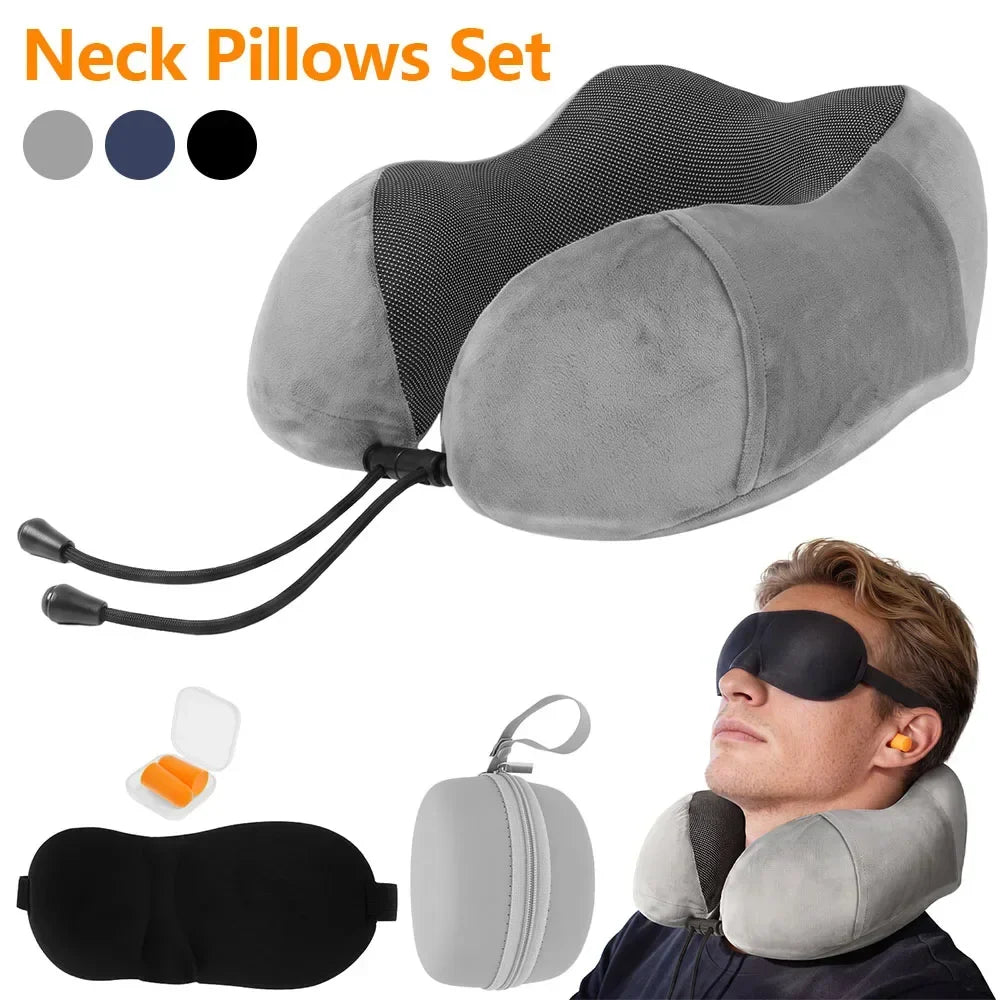 U-Shape Memory Foam Travel Neck Pillow Set with Eye Mask & Earplugs