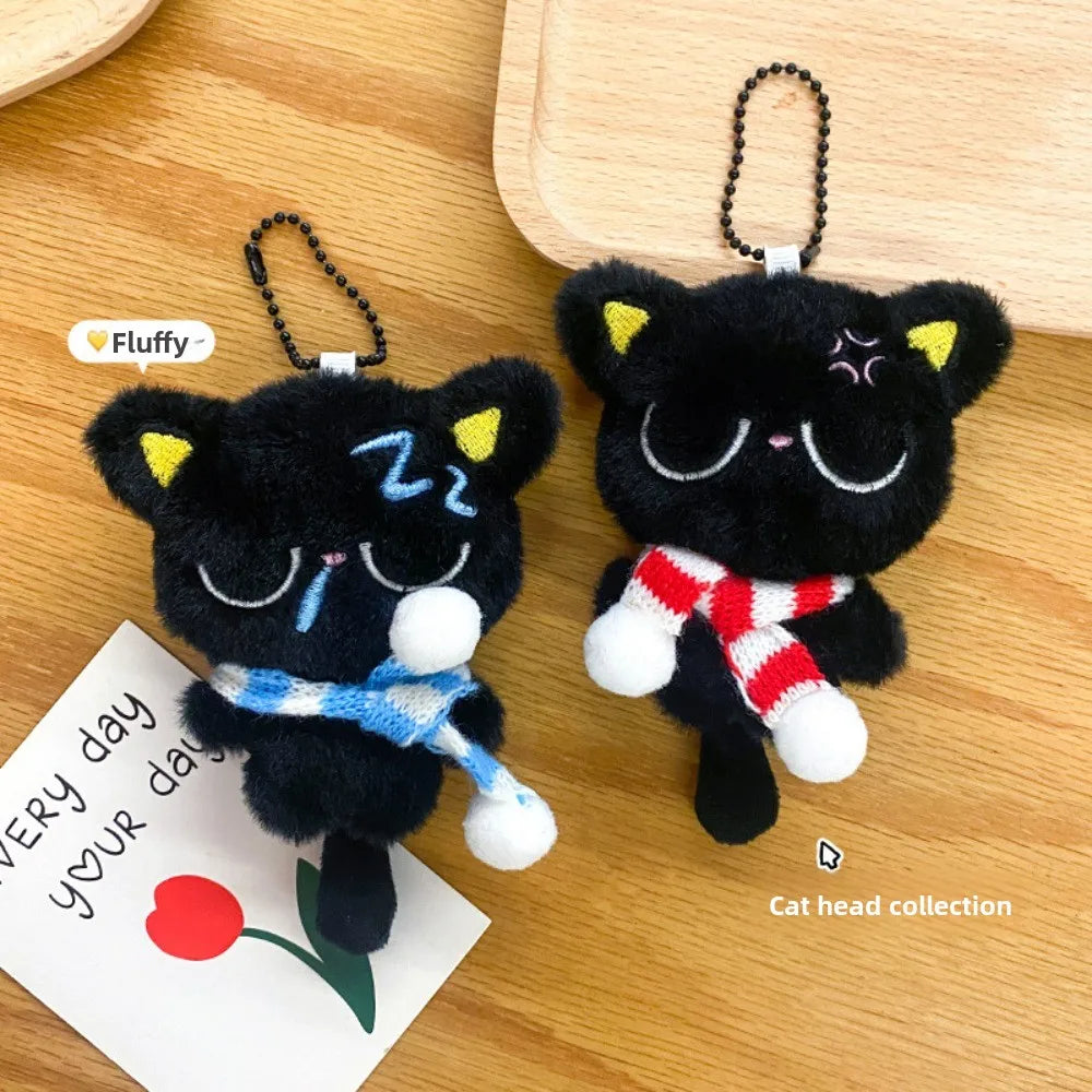 Sleepy Black Cat Plush Keychain | Soft Stuffed Bag Charm