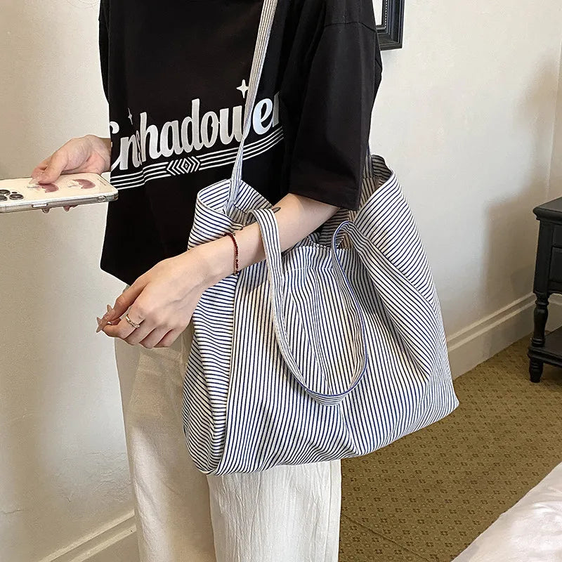 Women's Striped Canvas Tote Bag – Large Shoulder Bag