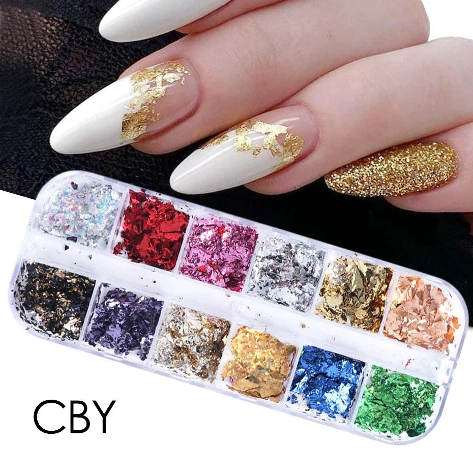 Gold Silver Holographic Nail Foil Flakes – 12pc Glitter Kit