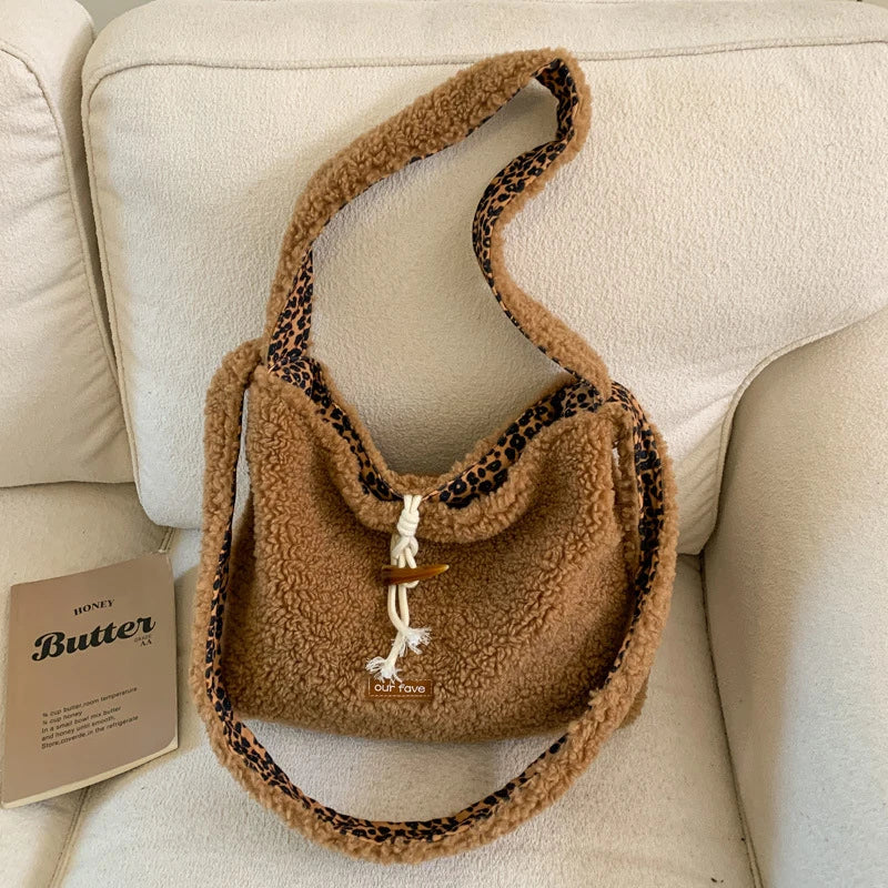 Nixie Plush Leopard Print Tote Bag – Large Crossbody Bucket Bag