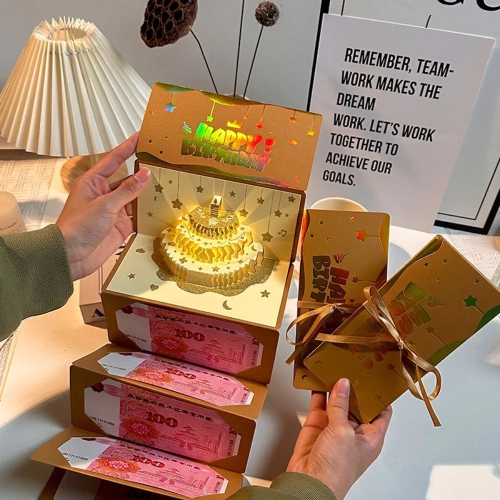 3D Pop-Up Birthday Card with LED Light & 6 Cash Gift Slots