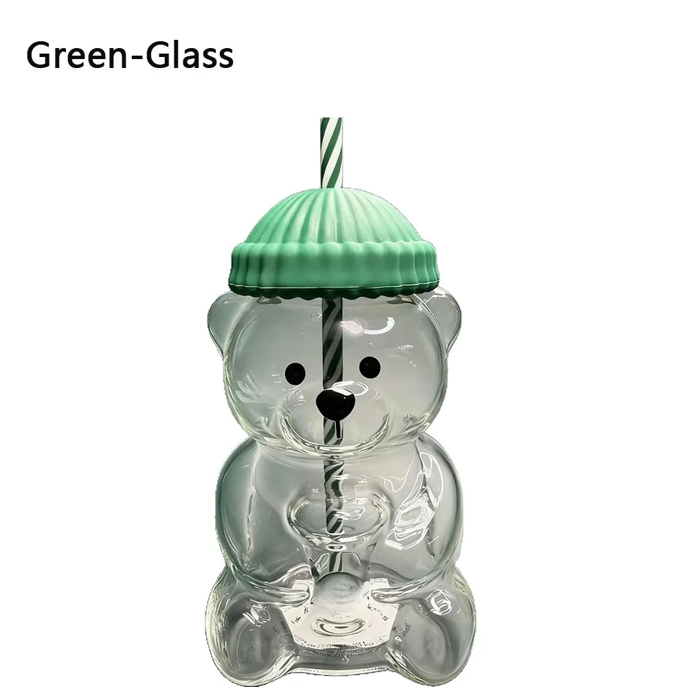 Teddy Bear Glass Cup with Lid & Straw – Large Capacity