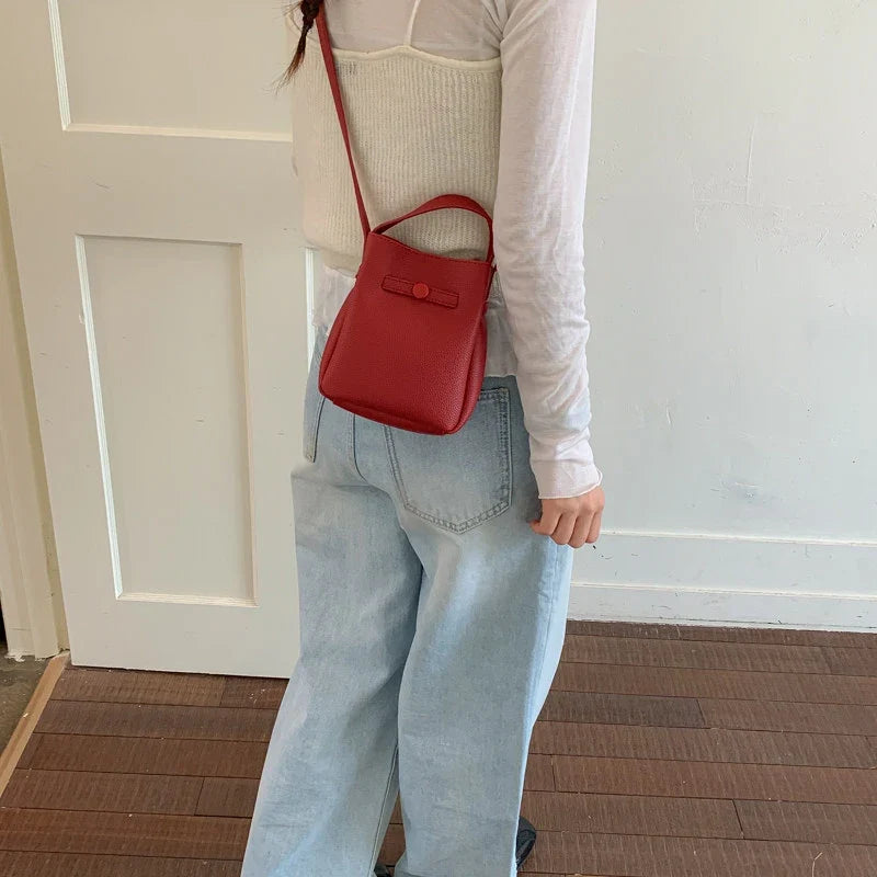 Korean Lychee Bucket Bag – Soft Leather Shoulder & Crossbody Bag