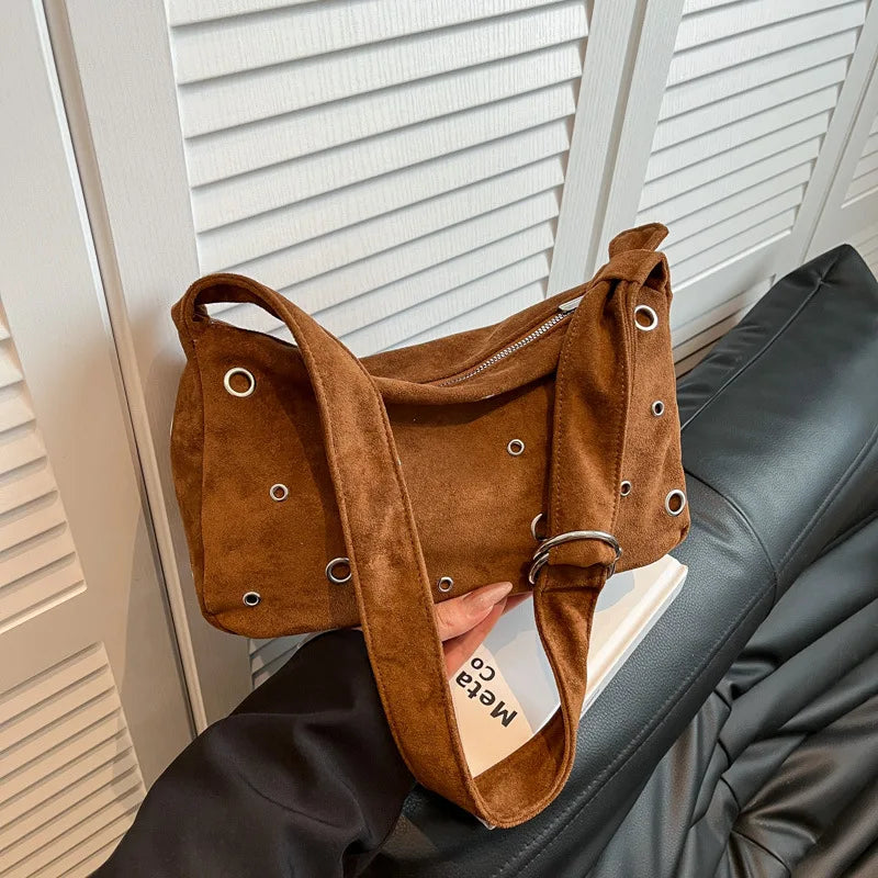 Women's Rivet Frosted Faux Suede Crossbody Shoulder Bag